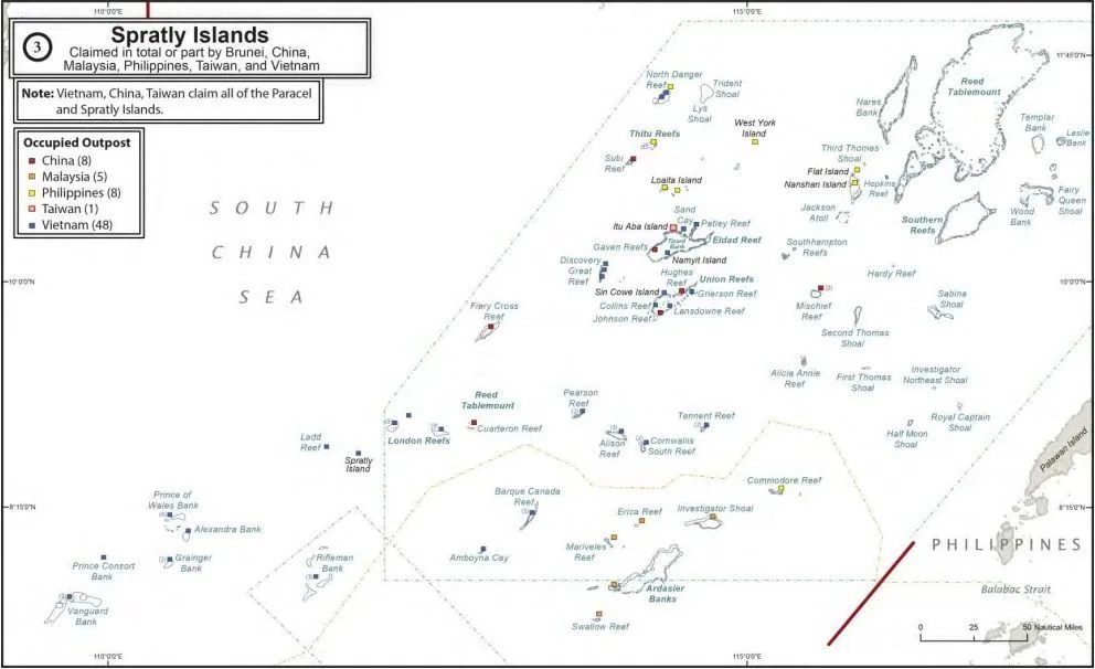 Control de las islas Spratly por los países involucrados. Fuente: http://www.defense.gov/Portals/1/Documents/pubs/NDAA%20A-P_Maritime_SecuritY_Strategy-08142015-1300-FINALFORMAT.PDF#page=20 