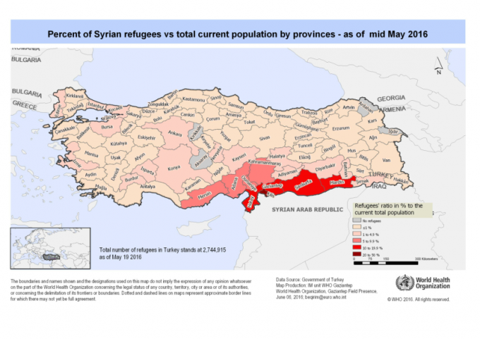 Porcentaje de población siria en Turquía por provincias. Fuente: OMS vía ReliefWeb