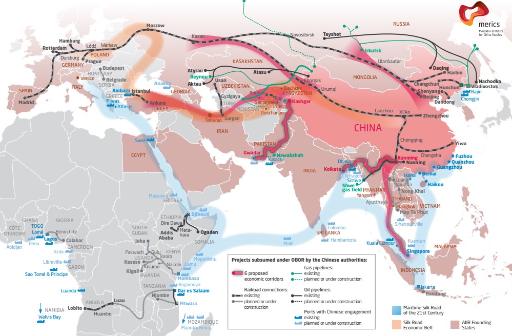 India ve con preocupación las ambiciones chinas y sus proyectos de infraestructuras o energía. Irán, en cambio, se adapta más bien a un cálculo de coste-beneficio. Fuente: Mercator Institute for Chinese Studies
