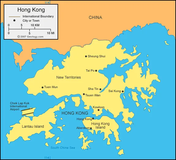 Hong Kong, la isla originaria, Kowloon y los Nuevos Territorios. Fuente: Fronteras
