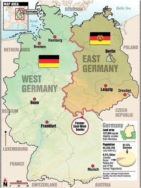 Mapa división Alemania en la Alemania de la Guerra Fría