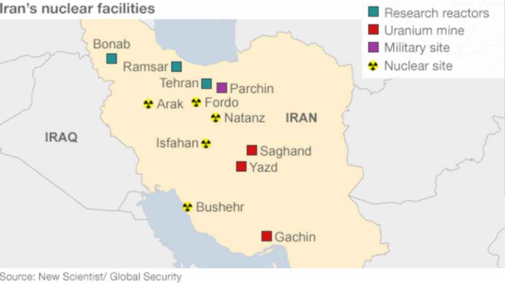 Situación de los emplazamientos de energía nuclear en Irán. Fuente: New Scientist/ Global Security (vía BBC)