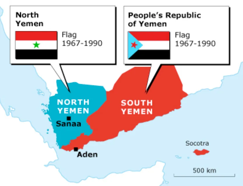 Los dos Yemen de la Guerra Fría. Fuente: https://chronicle.fanack.com/wp-content/uploads/sites/5/2014/10/the-yemen-arab-republic_yemen_north-south_map_400px.jpg