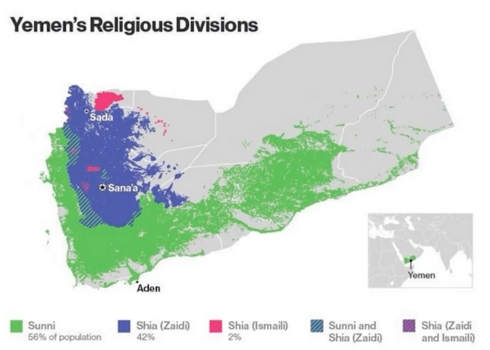 La división religiosa de Yemen. Fuente: http://www.bloomberg.com/quicktake/content/uploads/sites/2/2015/02/Yemen-Religious-Map.jpg