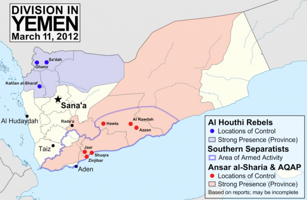 Situación en Yemen a principios de 2012. Fuente: https://upload.wikimedia.org/wikipedia/commons/thumb/4/44/Yemen_division_2012-3-11.svg/2000px-Yemen_division_2012-3-11.svg.png