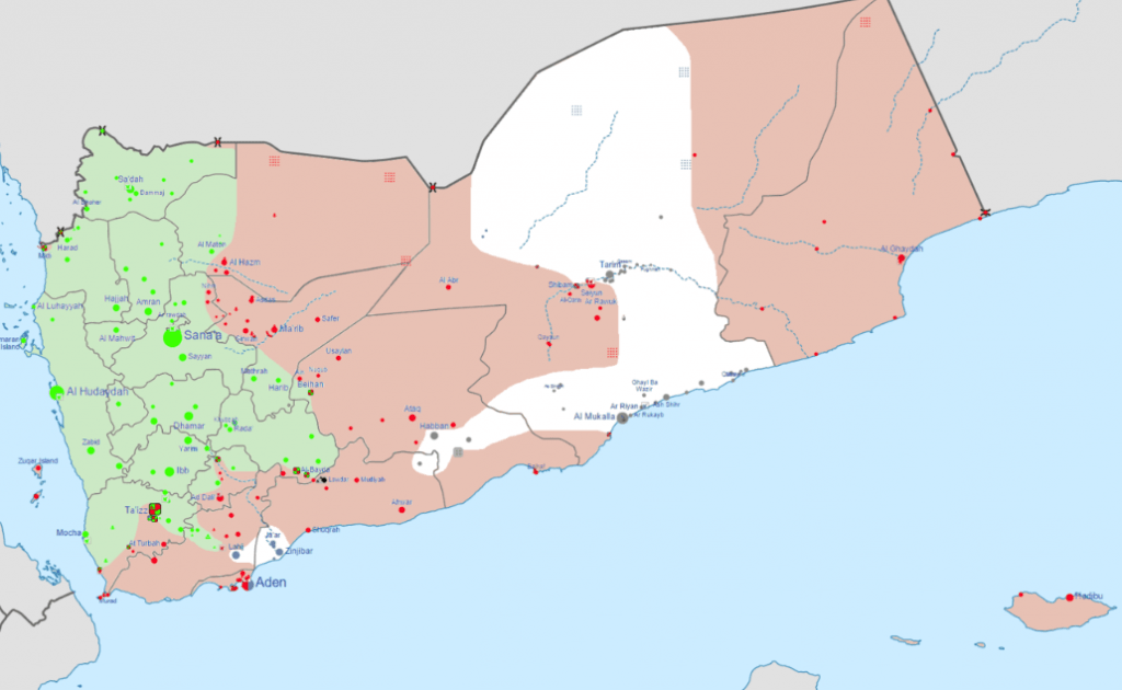 Situación militar de Yemen. Actualizada el 3 de Febrero de 2016. Fuente: https://en.wikipedia.org/wiki/Yemeni_Civil_War_(2015%E2%80%93present)#/media/File:Yemen_war_detailed_map.png