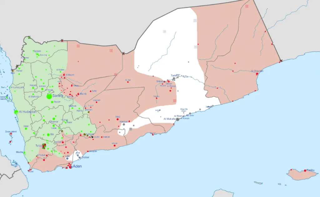 Situación militar de Yemen. Actualizada el 3 de Febrero de 2016. Fuente: https://en.wikipedia.org/wiki/Yemeni_Civil_War_(2015%E2%80%93present)#/media/File:Yemen_war_detailed_map.png