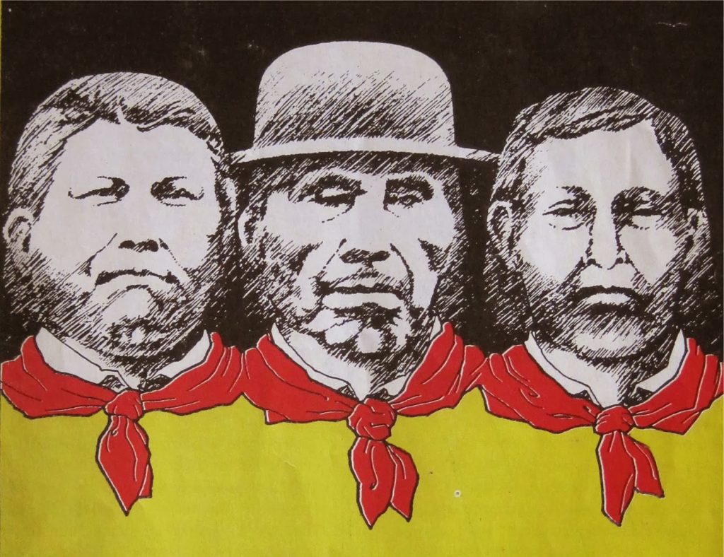 De izquierda a derecha: Iguaibiliginya, Ologindibibilele, Olonibiginya, máximos líderes de la Revolución Tule. Fuente