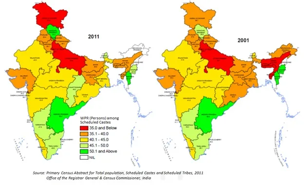 Evolución en la participación laboral de las castas menos favorecidas en India. Fuente: Census of India 2011