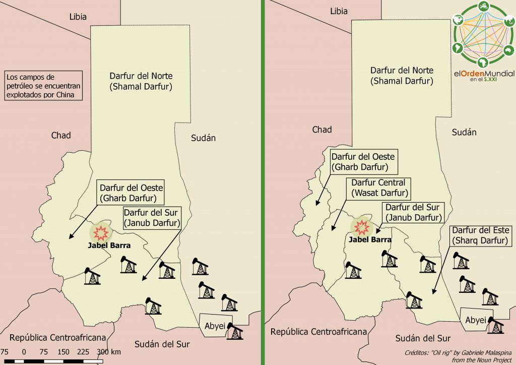La división de Darfur en tres y cinco estados, todo ello con la presencia china de los campos petrolíferos