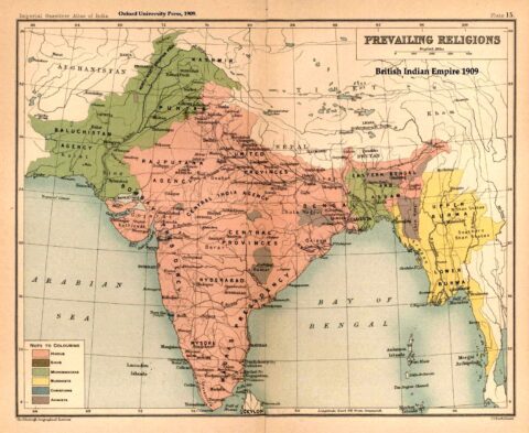 Así era el Imperio Indio Británico religiosamente hablando en 1909. Fuente: Wikipedia