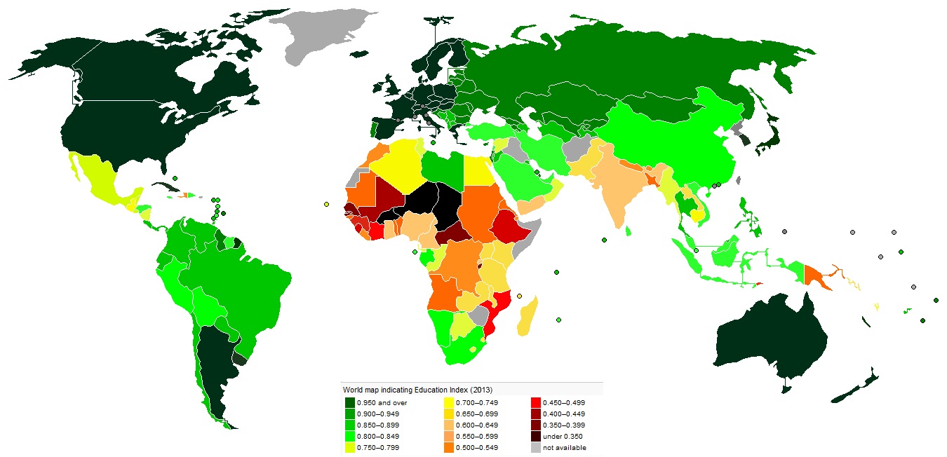 La brecha educacional reproduce las divisiones norte-sur y oeste-este. En América Latina y gran parte de Asia continental, la situación mejora. África sigue constituyendo una tarea pendiente. Wikimedia