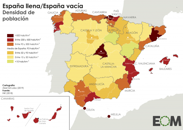 Las dos caras de la densidad de población en España