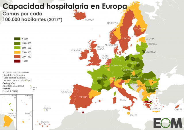 Las camas de hospital en las regiones de Europa
