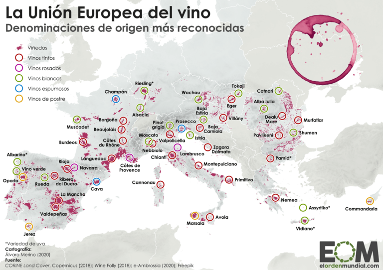 Mapa denominaciones de origen vino en la Unión Europea