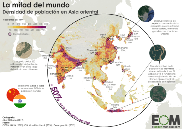 La densidad de población en Asia oriental