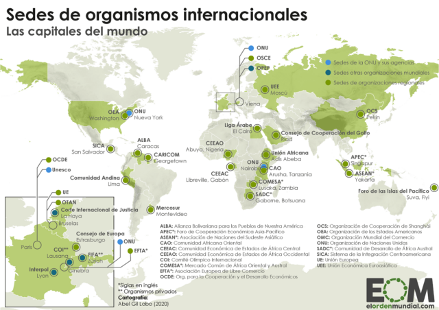 ¿Dónde están las sedes de las organizaciones internacionales?