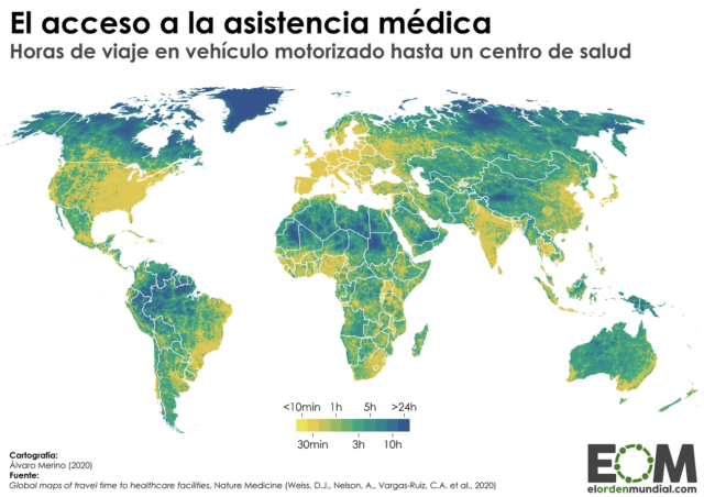 La distancia hasta el centro de salud más cercano en el mundo