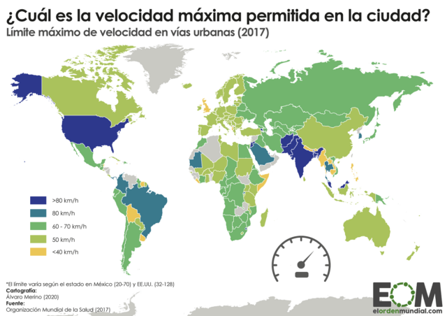 El límite de velocidad en vías urbanas en el mundo