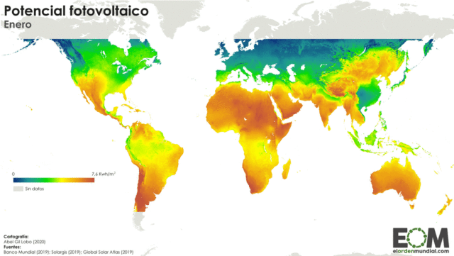 El mapa de la energía solar en el mundo mes a mes