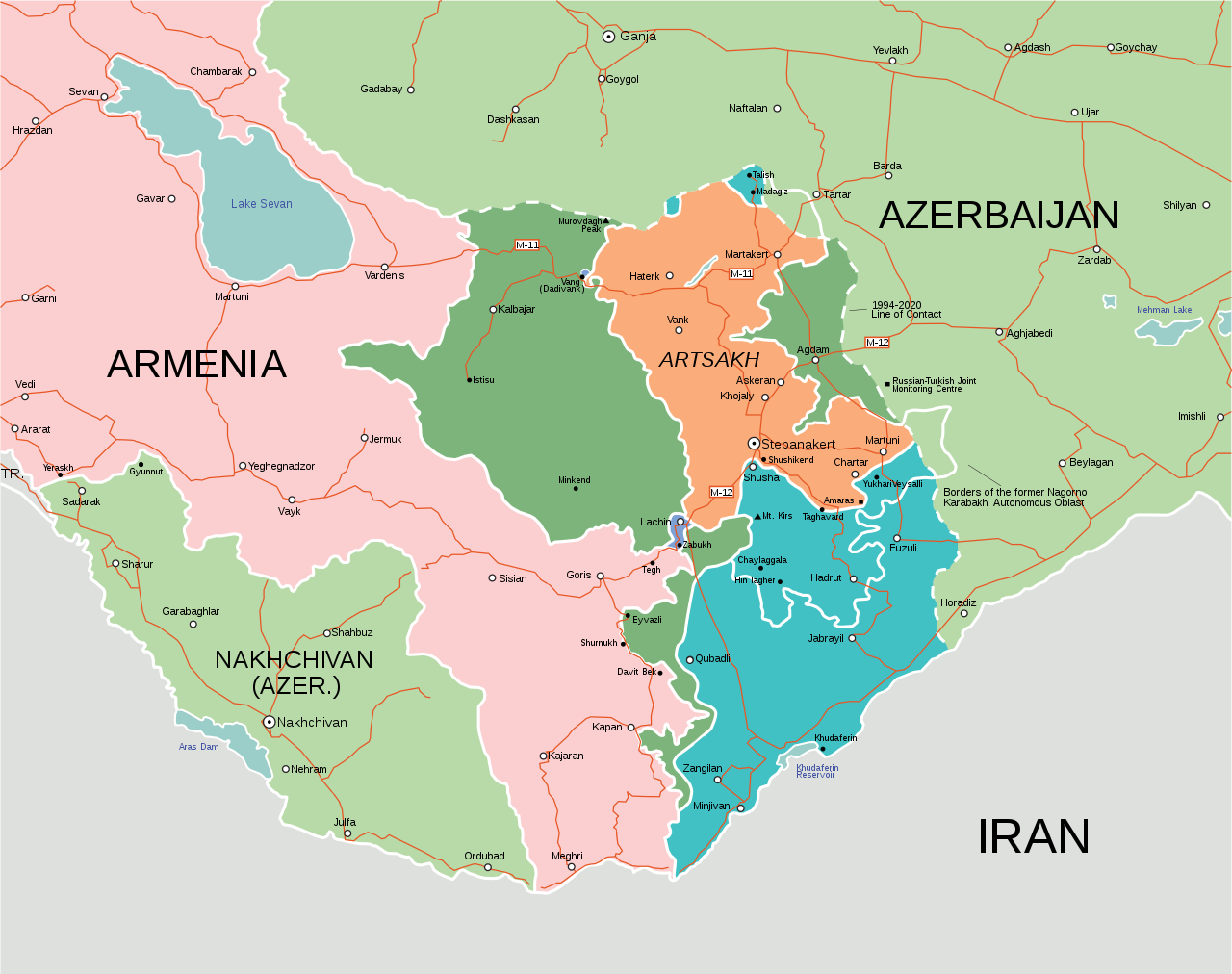 Mapa de Armenia y Azerbaiyan.