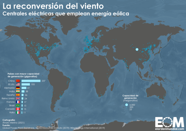 El mapa de las centrales de energía eólica