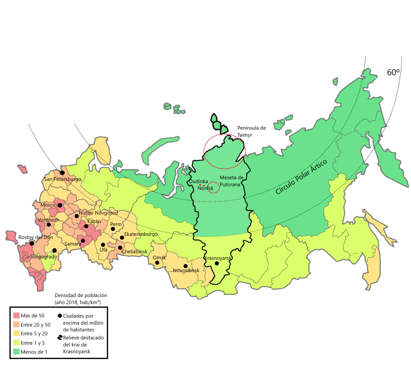 Densidad de población en Rusia