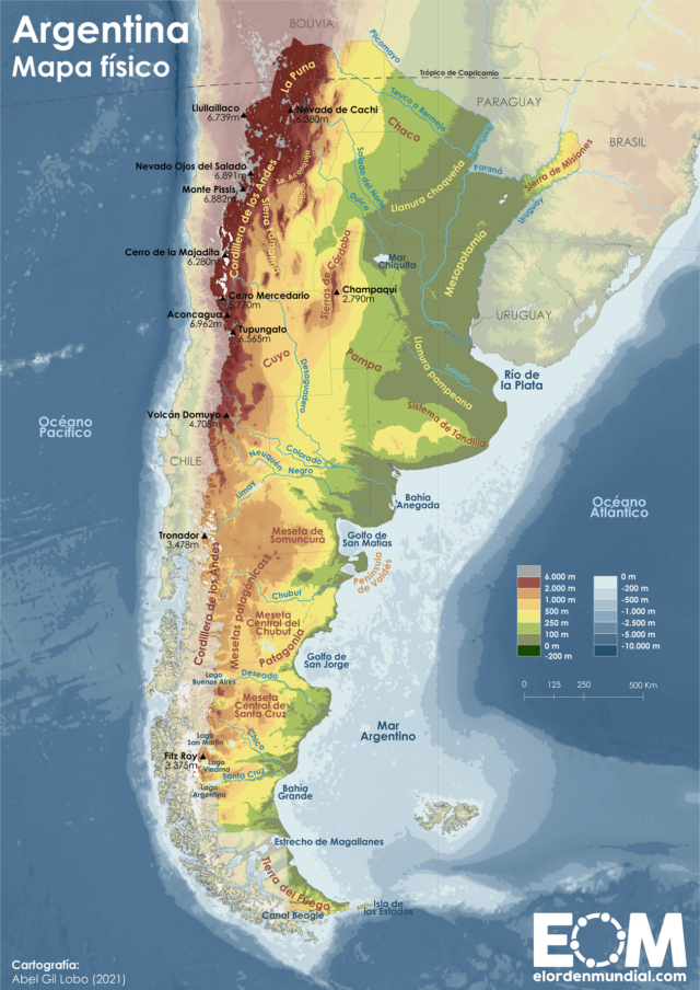 El mapa físico de Argentina