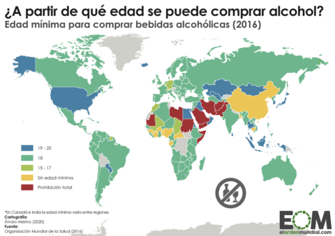 Mapa de la edad mínima para comprar alcohol en el mundo