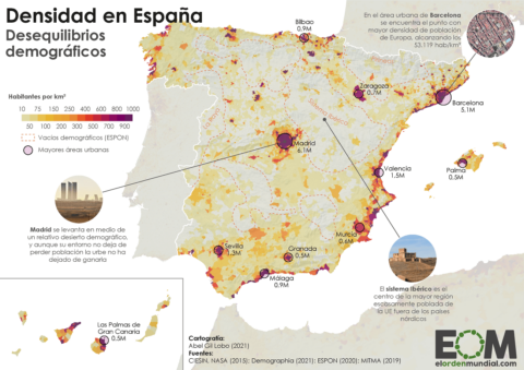 El mapa de la densidad de población en España