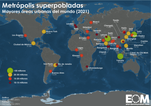 Mapa de las grandes áreas urbanas y megaciudades del mundo