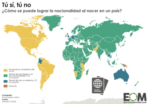 Mapa sobre cómo conseguir la nacionalidad por nacimiento en el mundo, con ius soli o ius sanguinis