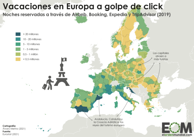 ¿Dónde se reservan más noches a través de plataformas online en la Unión Europea?