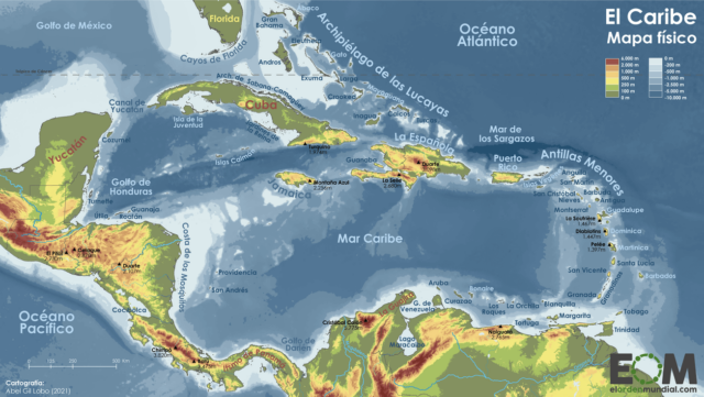 El mapa físico del Caribe