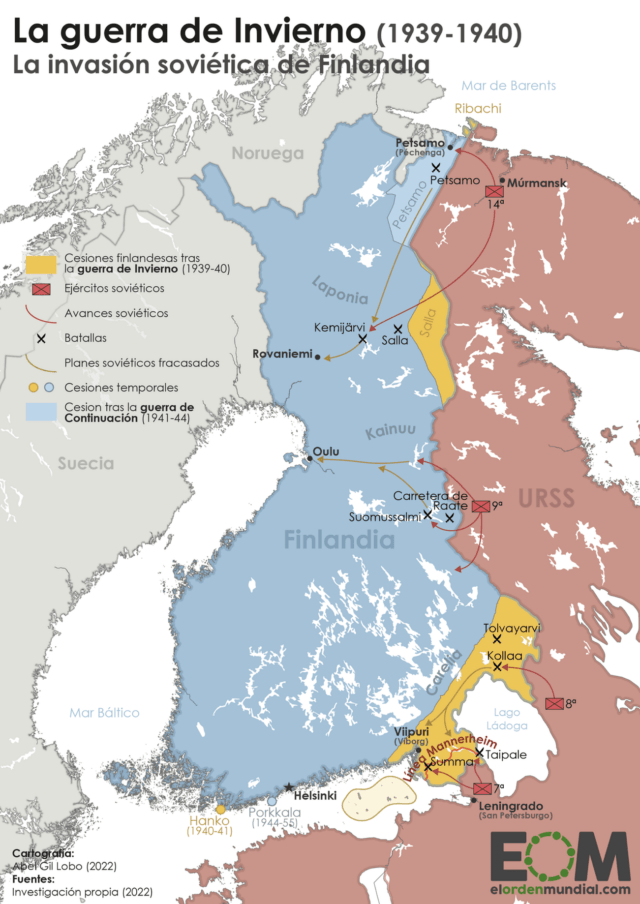 El mapa de la guerra de Invierno, cuando la URSS invadió Finlandia