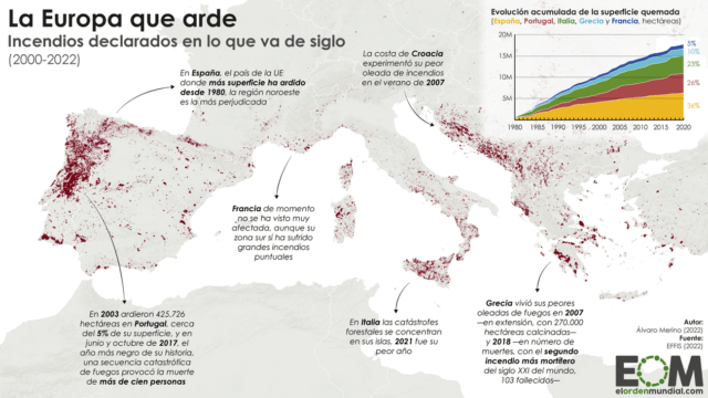 El mapa de los incendios en el sur de Europa
