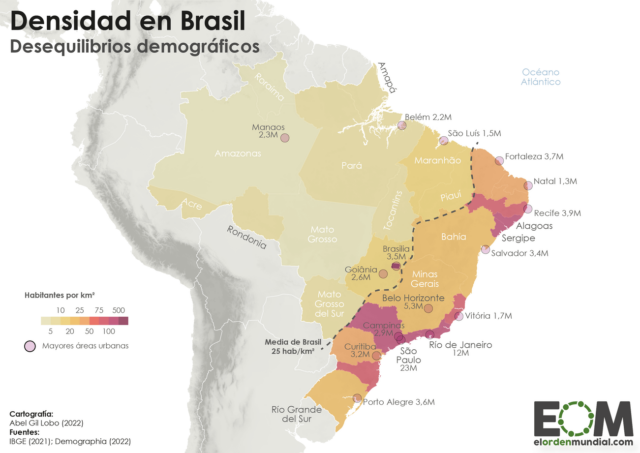 El mapa de la densidad de población en Brasil