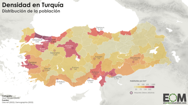 El mapa de la densidad de población en Turquía