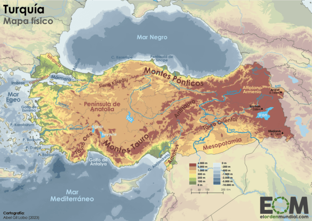 El mapa físico de Turquía