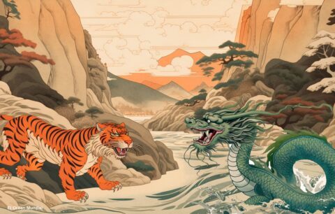Un tigre y un dragón enfrentados sobre un río. Representan a India y China