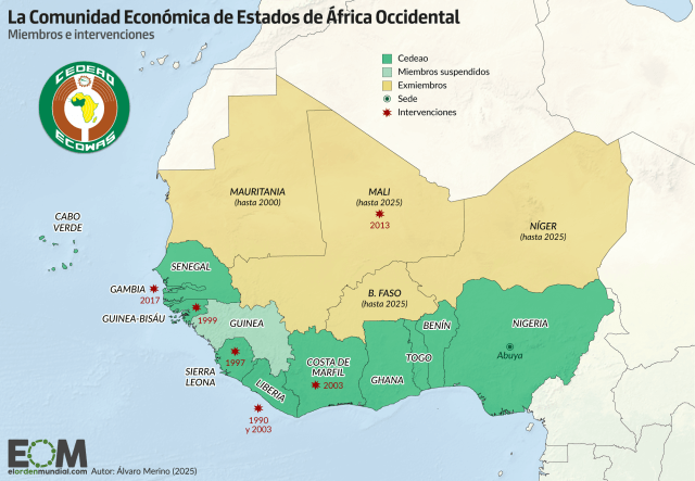 El mapa de la Cedeao, el bloque económico de África Occidental