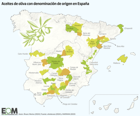 Mapa de España con las denominaciones de origen del aceite de oliva