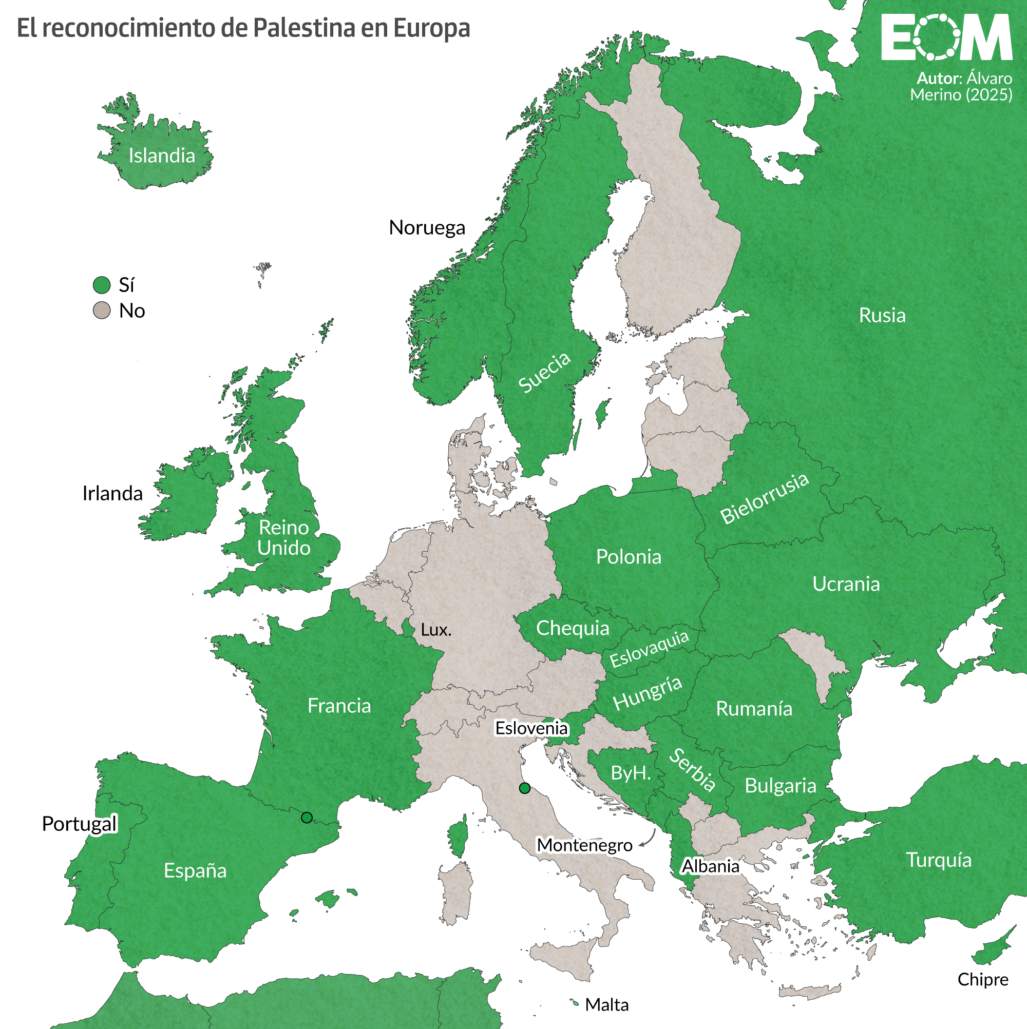 Mapa del reconocimiento de Palestina en Europa 