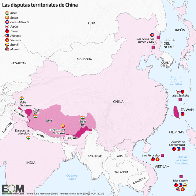 El mapa de las disputas territoriales de China