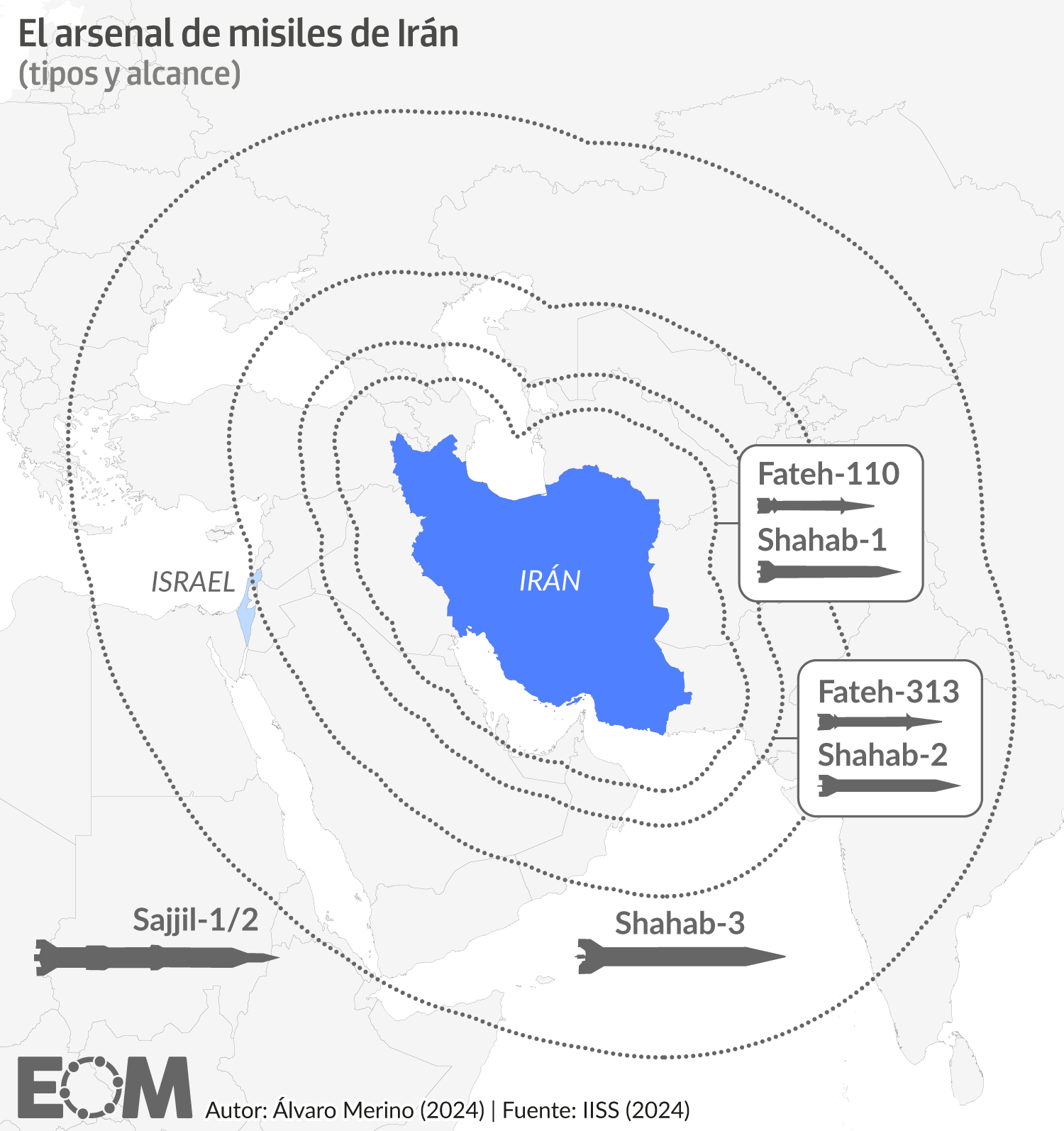 El mapa del alcance de los misiles de Irán