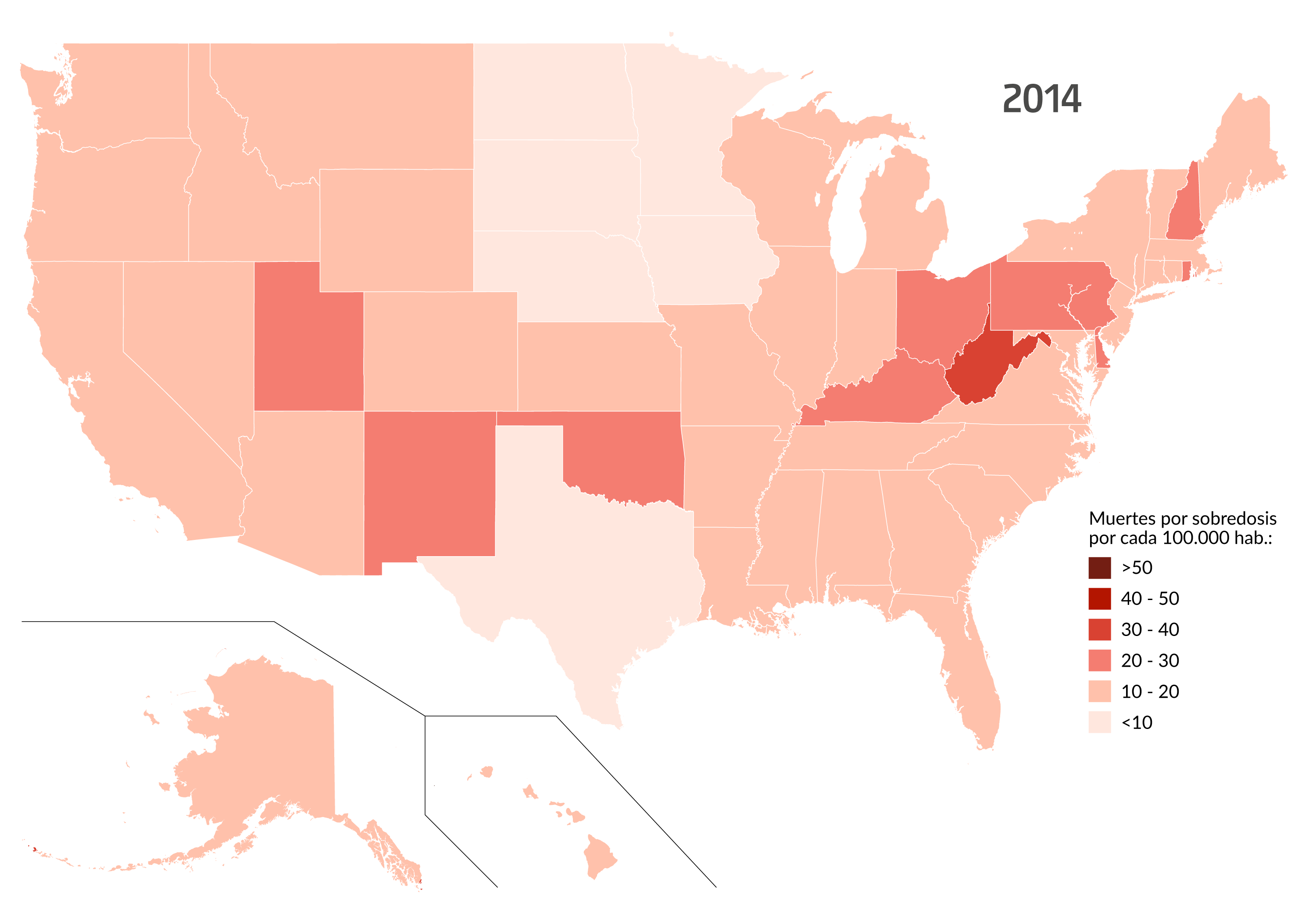 mapa 2014 muertes por sobredosis en EEUU