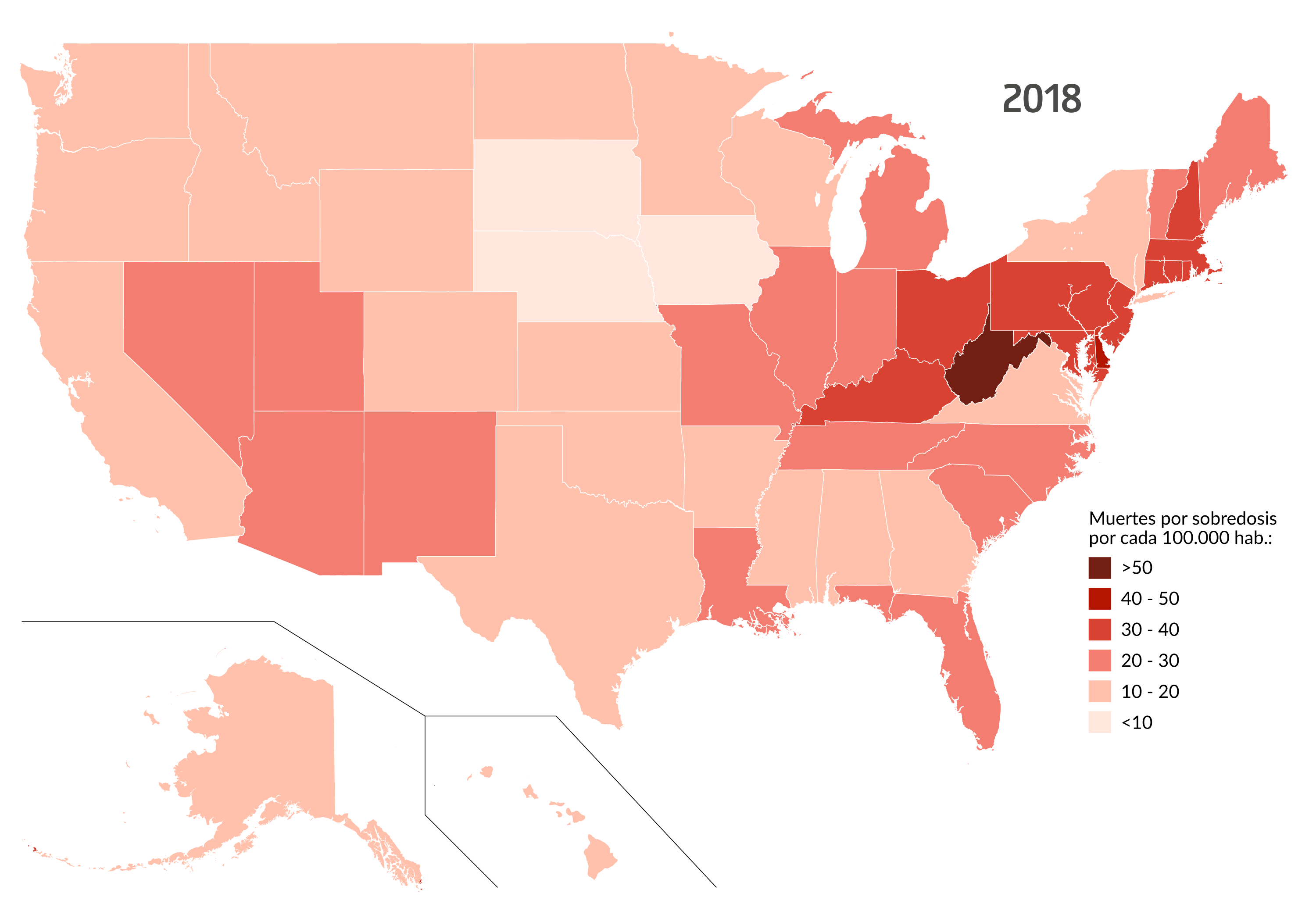 mapa muertes por sobredosis en EEUU 2018