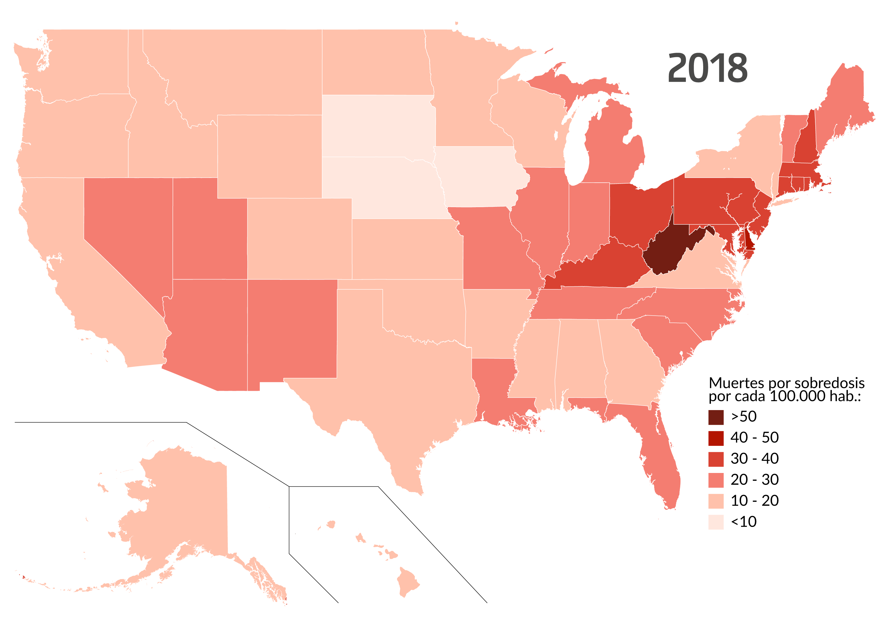mapa muertes por sobredosis en EEUU 2018