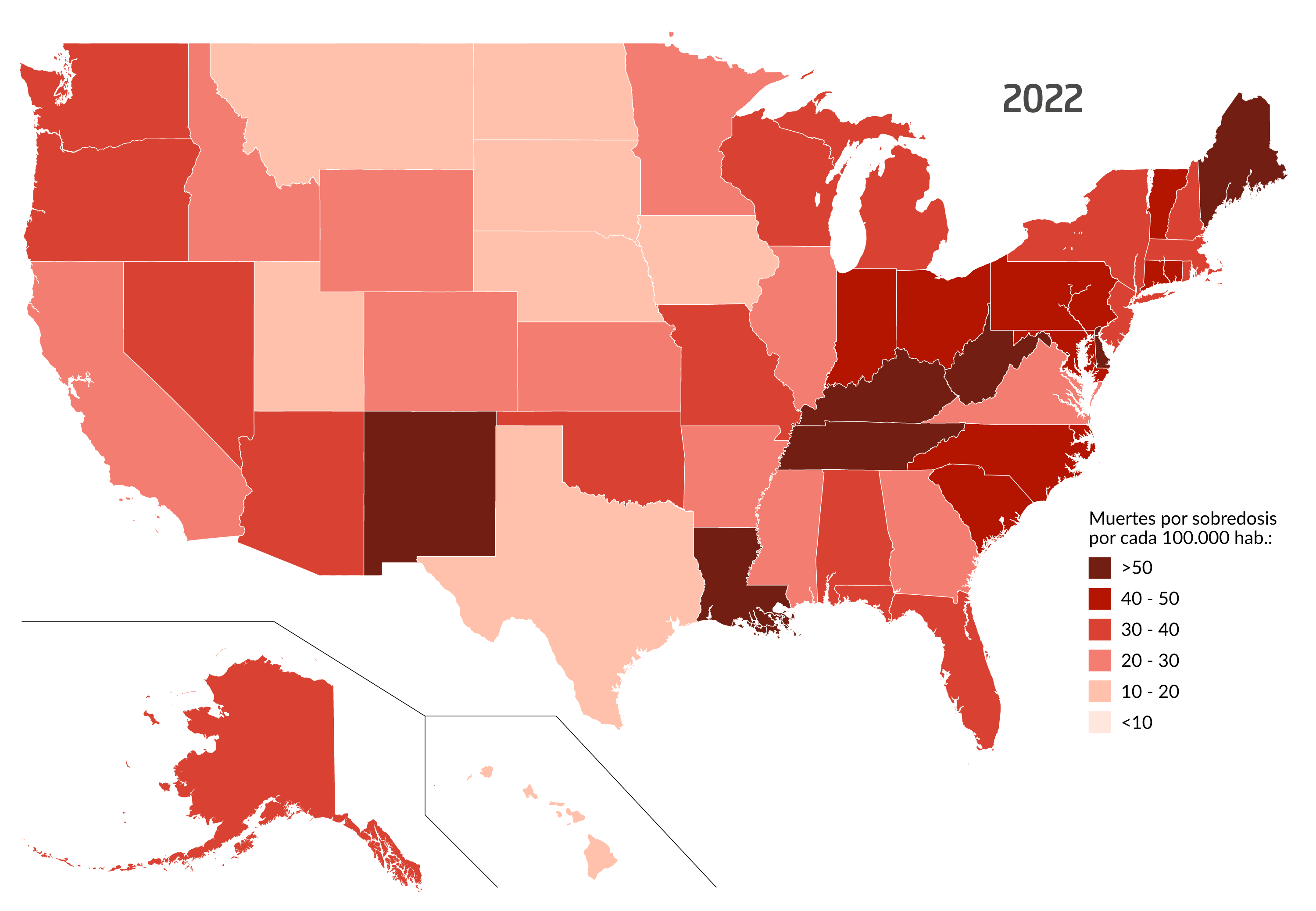 mapa muertes por sobredosis en EEUU 2022