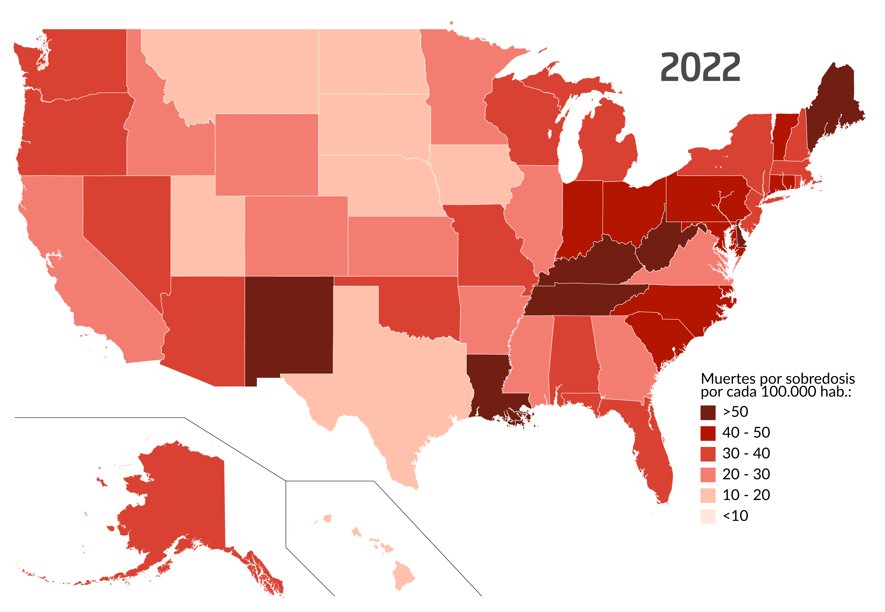 mapa muertes por sobredosis en EEUU 2018
